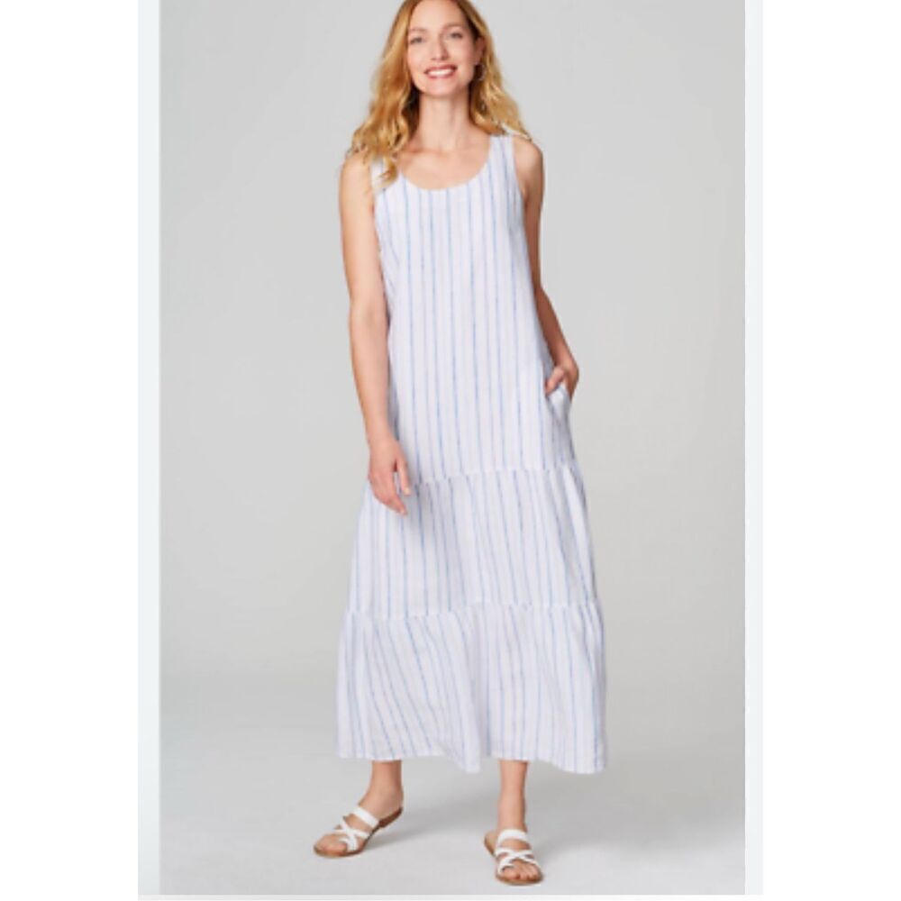 J. Jill White Linen Maxi Dress with Subtle Blue Stripes